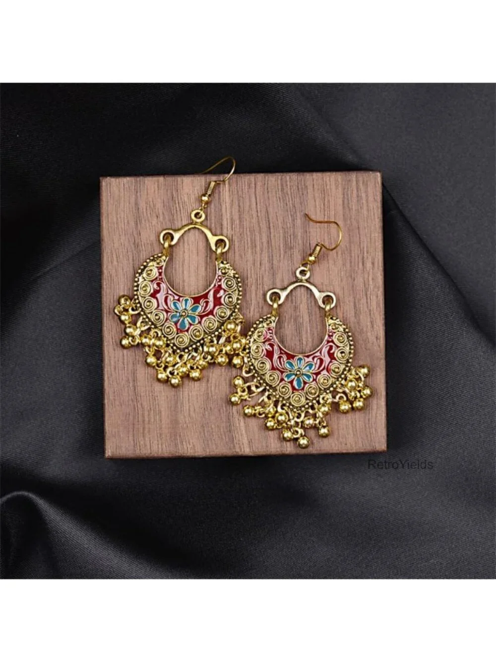 Vintage Boho Drop Dangle Earrings, Plated Base Metal, Wood Bead, Handmade